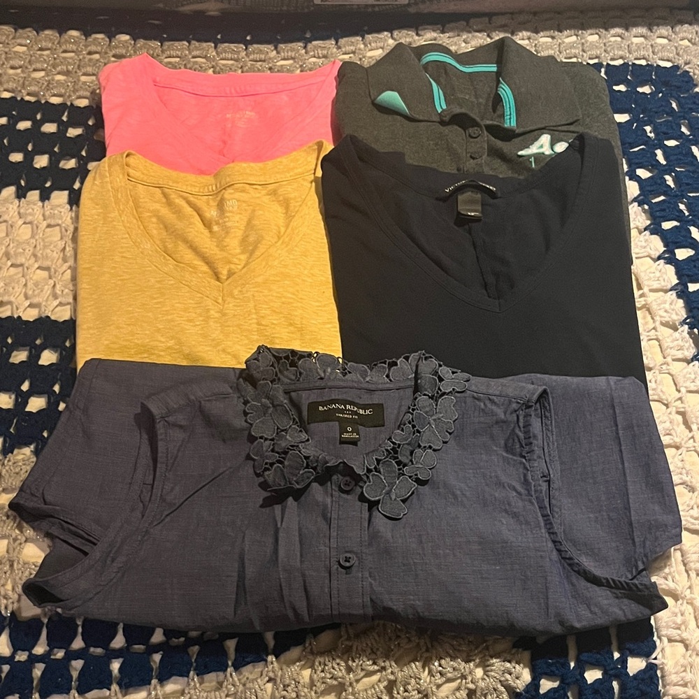 5 Tops Pink, Yellow, Navy blue all Short Sleeve Tees, Polo shirt.